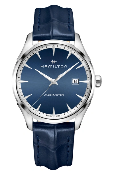 Shop Hamilton Jazzmaster Gent Leather Strap Watch, 40mm In Blue/ Silver
