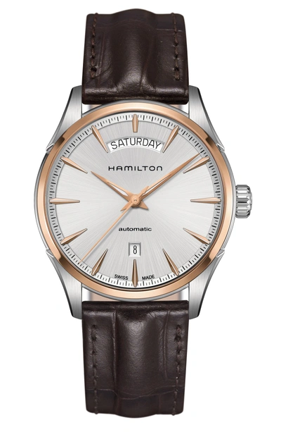 Shop Hamilton Jazzmaster Automatic Leather Strap Watch, 42mm In Brown/ Silver/ Rose Gold