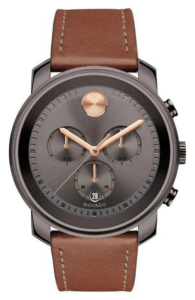 Shop Movado 'bold' Chronograph Leather Strap Watch, 44mm In Brown/ Grey