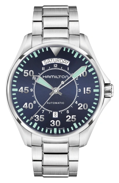 Shop Hamilton Khaki Pilot Automatic Bracelet Watch, 42mm In Silver/ Navy/ Silver