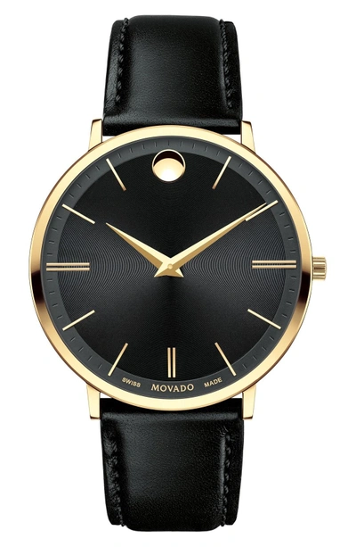 Shop Movado 'ultra Slim' Leather Strap Watch, 40mm In Black/ Black/ Gold