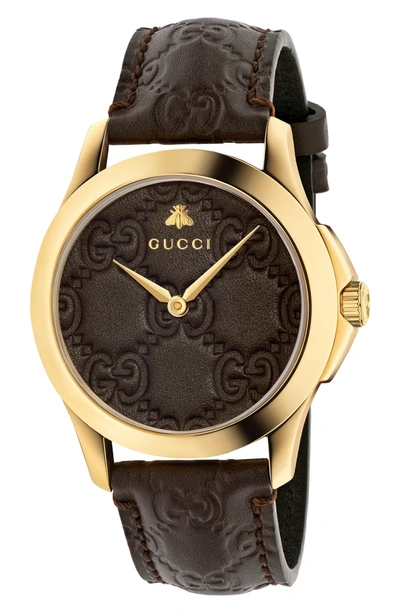 Shop Gucci G-timeless Leather Strap Watch, 38mm In Brown/ Gold