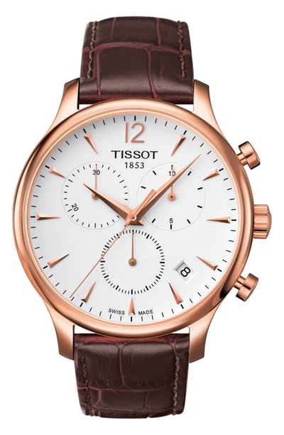 Shop Tissot Tradition Chronograph Leather Strap Watch, 42mm In Brown/ Rose Gold
