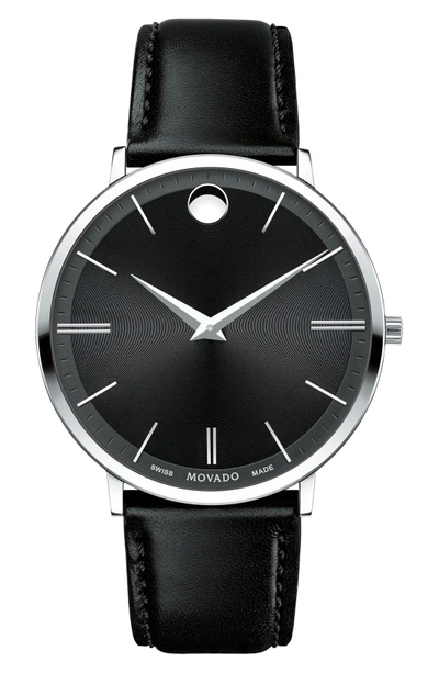 Shop Movado 'ultra Slim' Leather Strap Watch, 40mm In Black/ Black