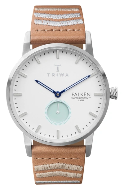 Shop Triwa Wave Falken Embroidered Leather Strap Watch, 38mm In Tan Embroidered/ White/ Silver