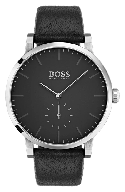 Shop Hugo Boss Essence Leather Strap Watch, 42mm In Black/ Black