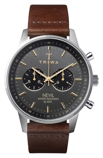 Shop Triwa Smoky Nevil Chronograph Leather Strap Watch, 42mm In Brown/ Grey/ Silver