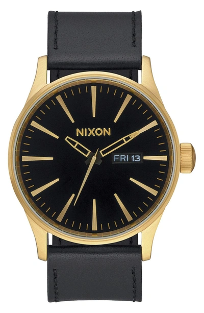 Shop Nixon The Sentry Leather Strap Watch, 42mm In Black/ Black/ Gold