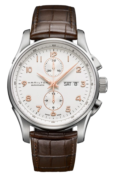 Shop Hamilton Jazzmaster Maestro Automatic Chronograph Leather Strap Watch, 41mm In Brown/ White/ Silver
