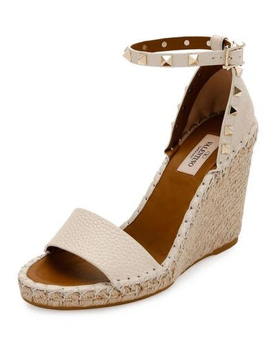 Shop Valentino Rockstud Double Espadrille Wedge Sandals In Light Ivory-brigh