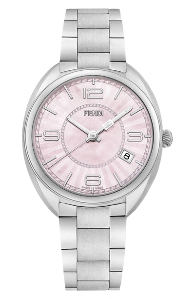 Shop Fendi Momento Mother Of Pearl Bracelet Watch, 34mm In Silver/ Pink Mop/ Silver