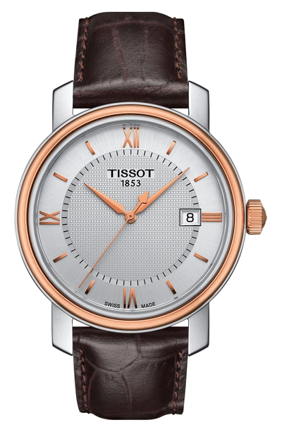 Shop Tissot Bridgeport Leather Strap Watch, 40mm In Brown/ Silver/ Rose Gold