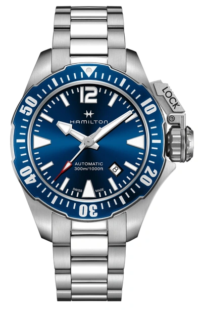 Shop Hamilton Khaki Navy Frogman Automatic Bracelet Watch, 42mm In Silver/ Blue/ Silver