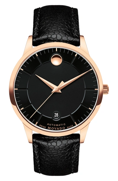 Shop Movado 1881 Automatic Leather Strap Watch, 40mm In Black/ Rose Gold