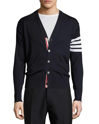 Shop Thom Browne Merino Wool V-neck Cardigan With Four-bar Stripe In Navy