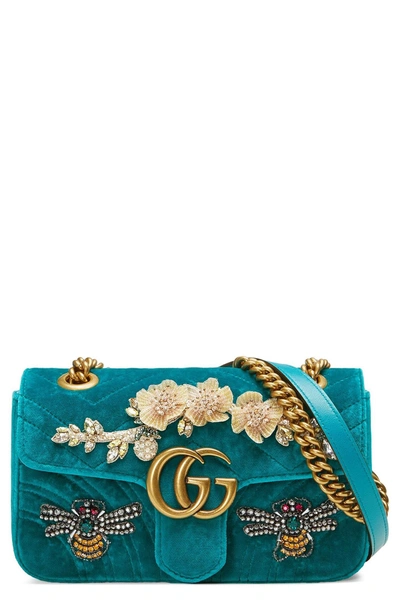 Shop Gucci Mini Gg Marmont Matelasse Velvet Shoulder Bag - Blue In Pivone