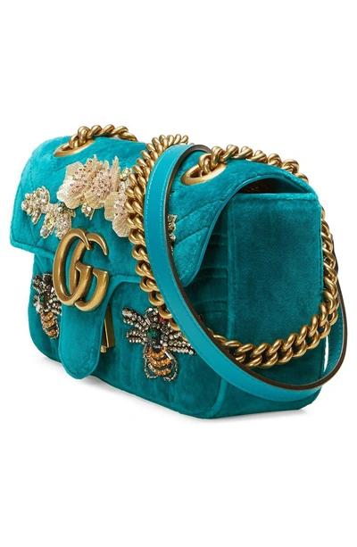 Shop Gucci Mini Gg Marmont Matelasse Velvet Shoulder Bag - Blue In Pivone