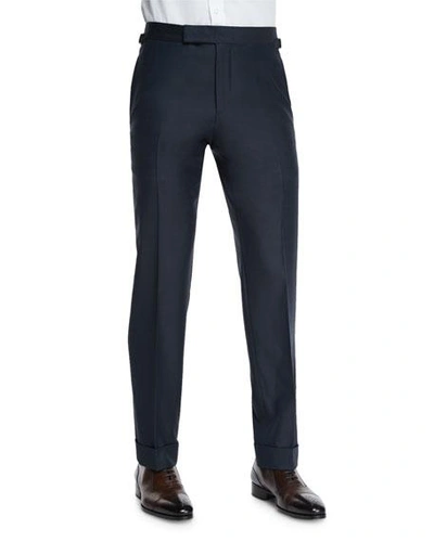 Tom Ford O'connor Base Flat-front Sharkskin Trousers, Navy In Navy