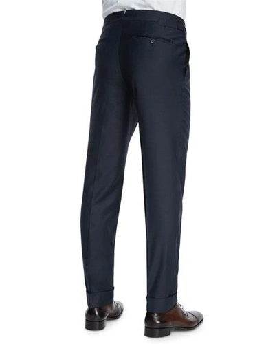 Tom Ford O'connor Base Flat-front Sharkskin Trousers, Navy In Navy