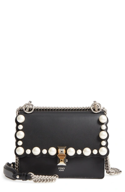 Shop Fendi Small Kan I Imitation Pearl Stud Calfskin Shoulder Bag In Black