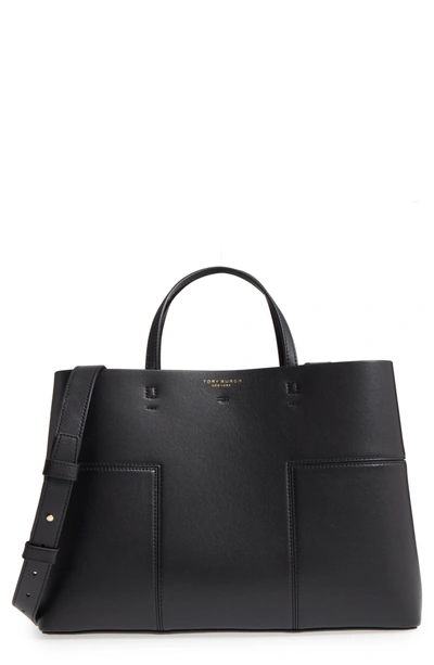 Shop Tory Burch Block-t Leather Tote - Black In Black/ Black