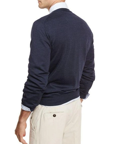 Shop Brunello Cucinelli Fine-gauge Tipped V-neck Sweater In Indigo