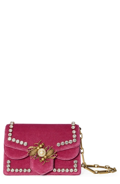Shop Gucci Broadway Bee Velvet Shoulder Bag In Pink
