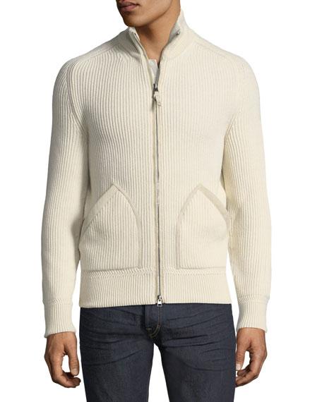 Tom Ford Cashmere Suede-trim Ribbed Zip-front Cardigan In White | ModeSens