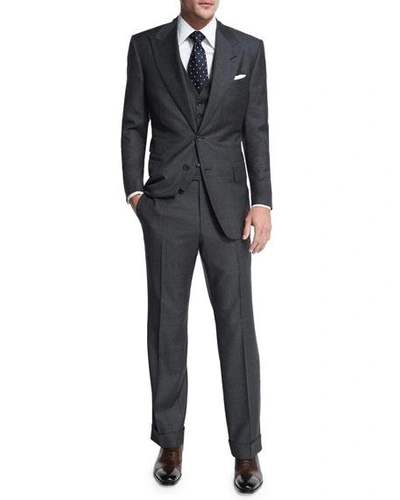 Shop Tom Ford Windsor Base Sharkskin Three-piece Suit, Charcoal