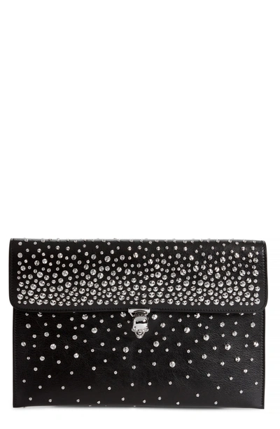 Shop Alexander Mcqueen Studded Skull Closure Leather Envelope Clutch - Black