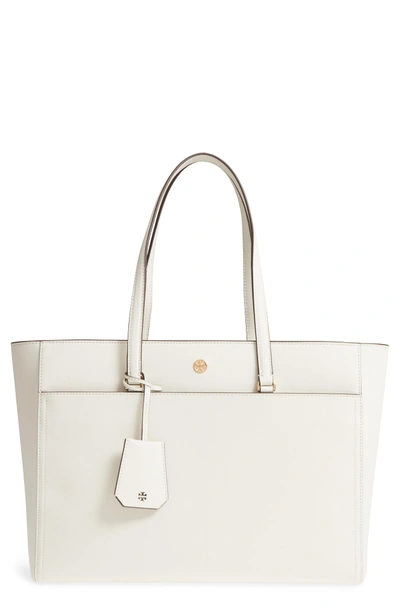 Shop Tory Burch Robinson Leather Tote - White In Birch / Shell Pink