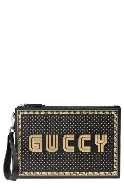 Shop Gucci Guccy Moon & Stars Leather Zip Pouch - Black In Nero/ Oro