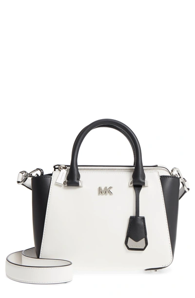 Shop Michael Kors Mini Leather Messenger Bag - White In Optic White/ Black