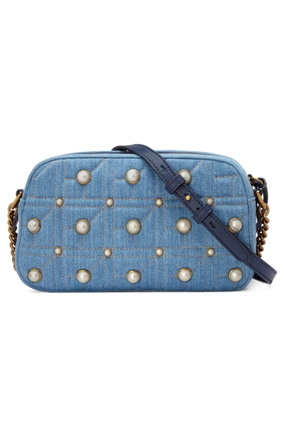 Shop Gucci Marmont 2.0 Imitation Pearl Embellished Denim Camera Bag - Blue In Denim Blue