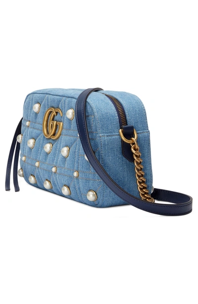 Shop Gucci Marmont 2.0 Imitation Pearl Embellished Denim Camera Bag - Blue In Denim Blue