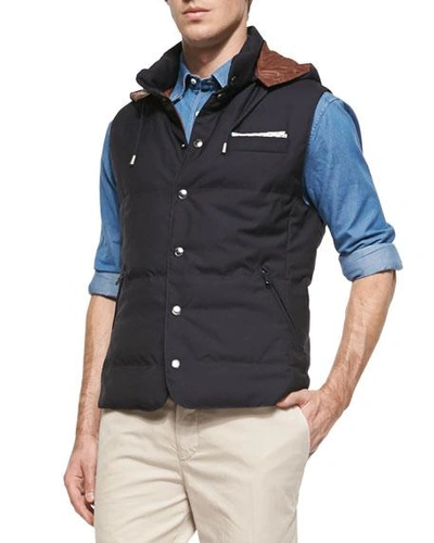 Shop Brunello Cucinelli Wool Hooded Vest, Navy