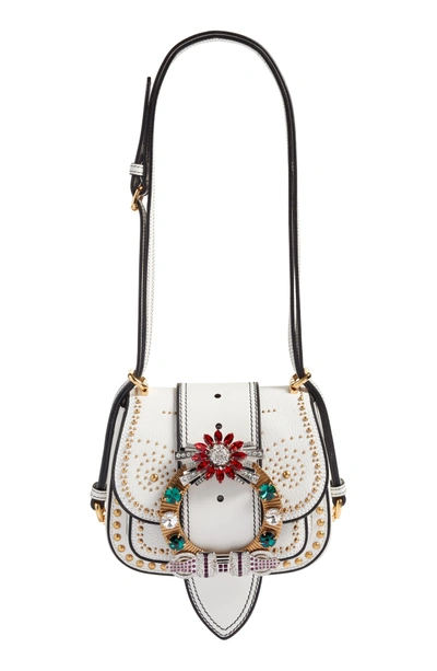 Shop Miu Miu Dahlia Madras Leather Shoulder Bag - White In Bianco