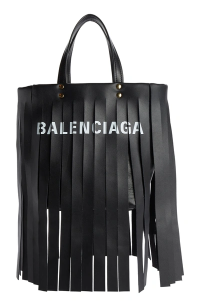 Shop Balenciaga Extra Small Laundry Logo Fringe Calfskin Tote - Black In Noir/ Blanc