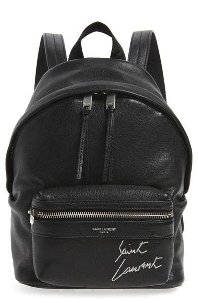 Shop Saint Laurent Toy Embroidered Logo Leather Backpack - Black In Noir