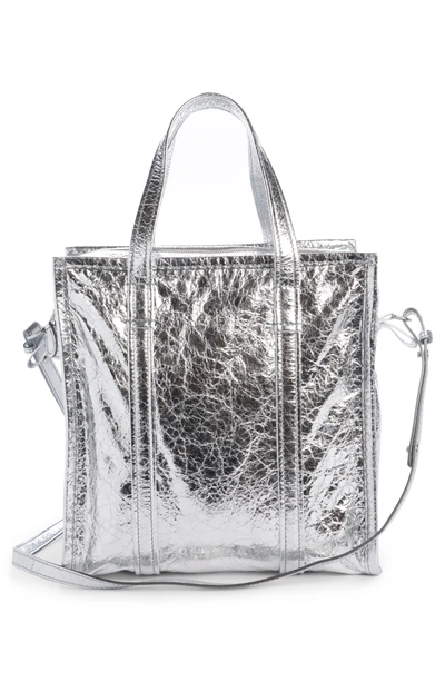 Shop Balenciaga Small Bazar Leather Shopper In Argent