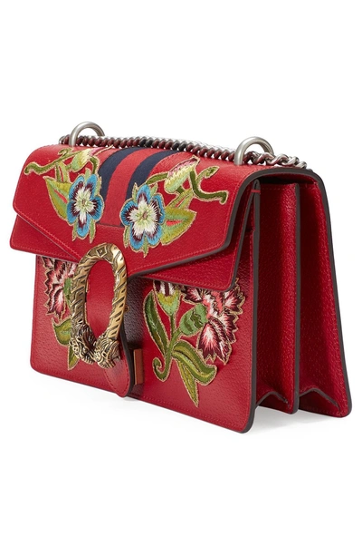 Shop Gucci Dionysus Embroidered Leather Shoulder Bag - None In Hibiscus Red/multi