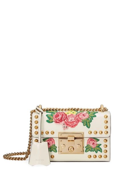 Shop Gucci Small Padlock Embroidered Leather Shoulder Bag - White In Mystic White/ Multi