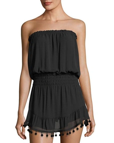 Shop Ramy Brook Marcie Strapless Coverup Dress With Pompoms In Black