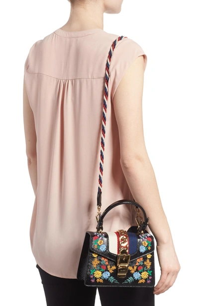 Shop Gucci Mini Sylvie Flower Embroidery Leather Shoulder Bag - Black In Nero Multi