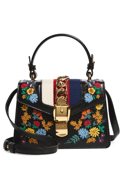 Shop Gucci Mini Sylvie Flower Embroidery Leather Shoulder Bag - Black In Nero Multi
