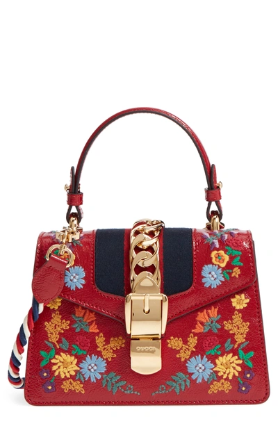 Shop Gucci Mini Sylvie Flower Embroidery Leather Shoulder Bag - Red In Hibiscus Red Multi/ Blue