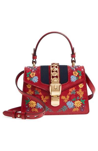 Shop Gucci Mini Sylvie Flower Embroidery Leather Shoulder Bag - Red In Hibiscus Red Multi/ Blue