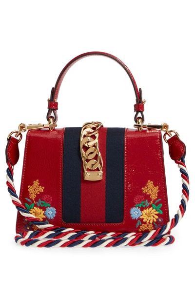 Shop Gucci Mini Sylvie Flower Embroidery Leather Shoulder Bag - Red In Hibiscus Red Multi/ Blue