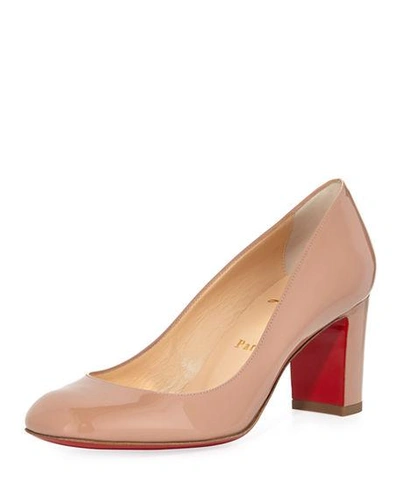Shop Christian Louboutin Cadrilla Patent Block-heel Red Sole Pump In Nude