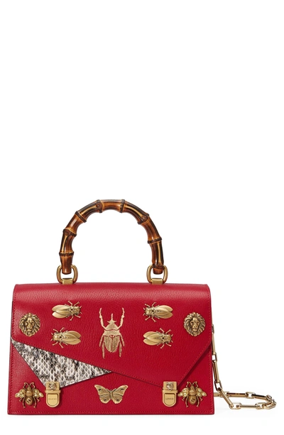 Shop Gucci Small Linea P Painted Insects Leather Top Handle Satchel - Red In Rosso